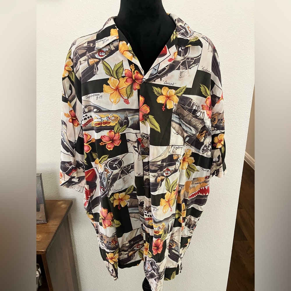 - Vintage KALAHEO Hawaiian Shirt Airplanes Palm Trees Mens XL Black Button Down